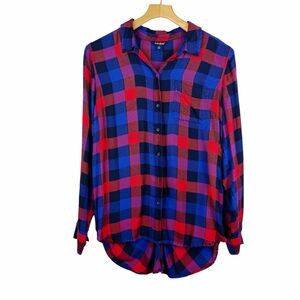 Lucky Brand Plaid Split Button Back Long Sleeve Shirt Red Blue Size Medium
